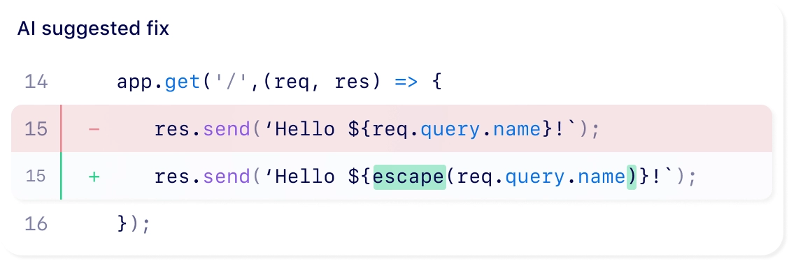 Code scanning autofix example that highlights the line of vulnerable code and adds a secure code suggestion